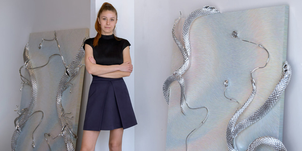 Anastasia komar`s hybrid artworks are interwoven with sinuous biological sculpture