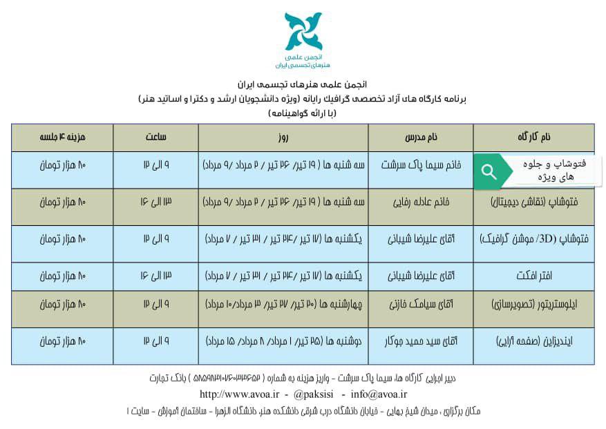 تمدید ثبت نام کارگاه های تخصصی رایانه انجمن علمی هنرهای تجسمی ایران